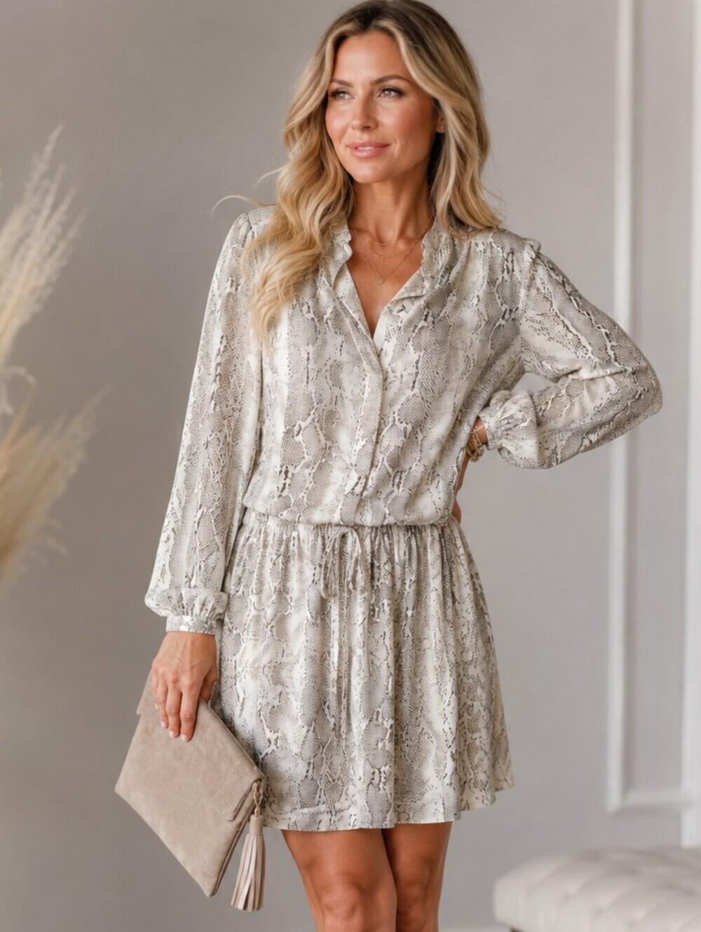 Hillary Radley Snake-Print Long Sleeve Mini Dress in Neutral